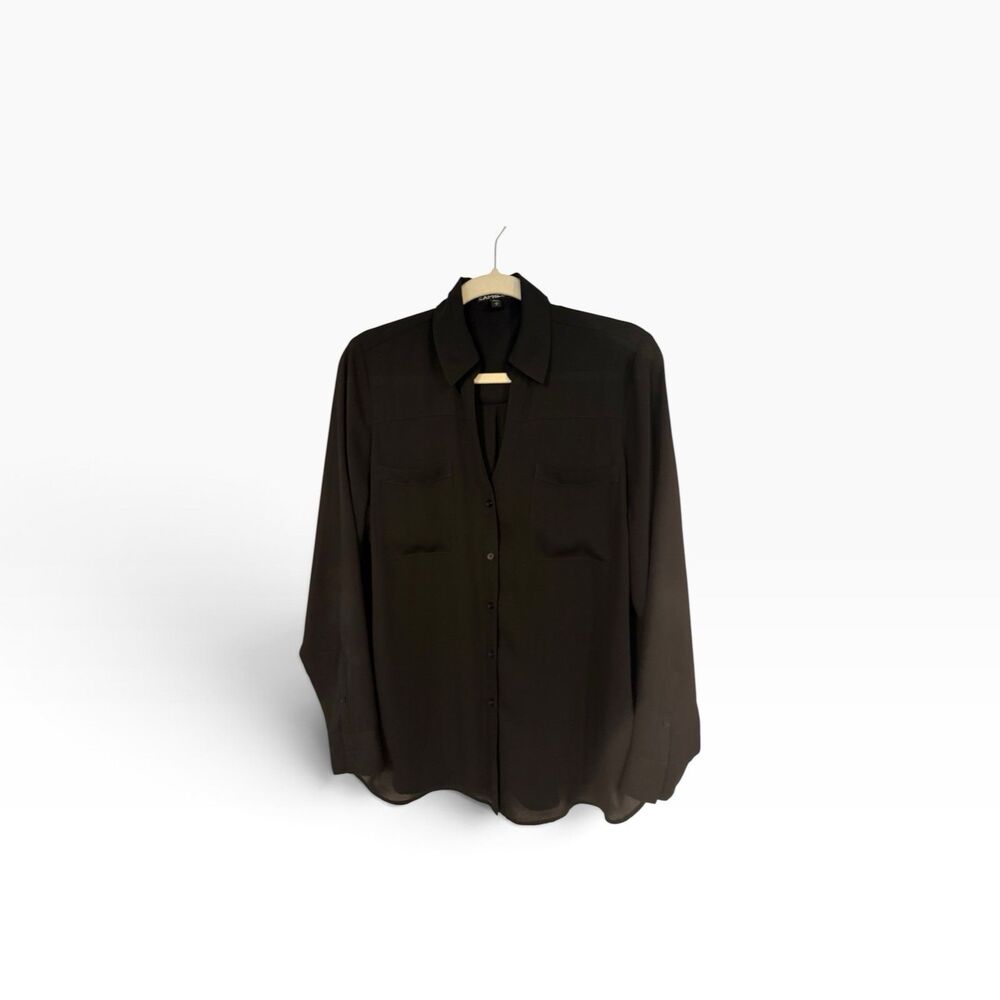 Express Blouse Black Collared Cuffed Sleeve Pocket Button Down Preppy Size L